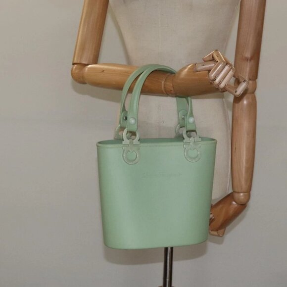 Salvatore Ferragamo Gancini Hand Bag Rubber Green Auth - Picture 1 of 16